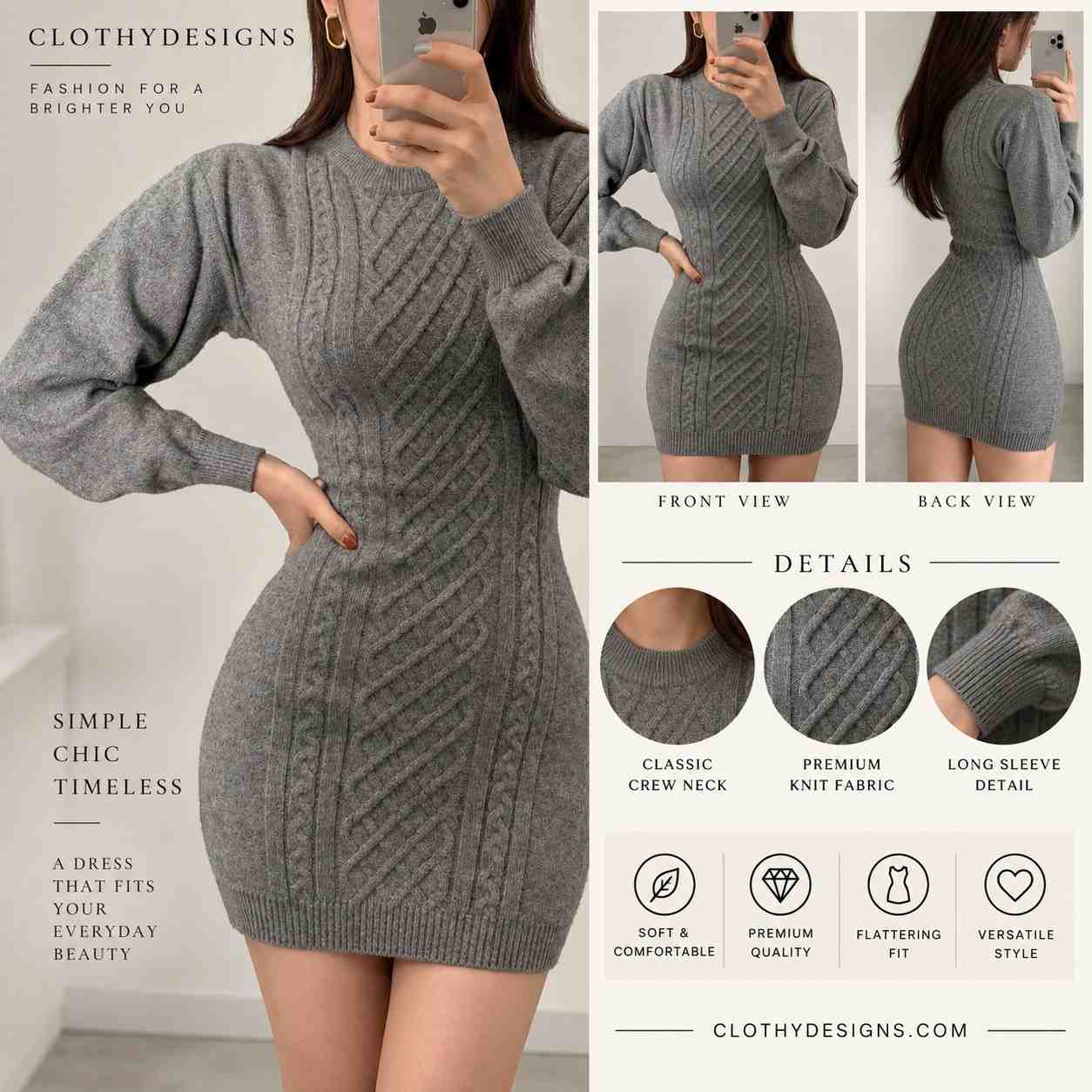 Women’s Twist Knit Backless Mini Dress – Long Sleeve Fall & Winter Elegant Sweater Dress